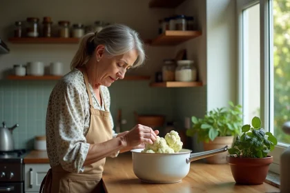 Femme en cuisine pr&eacute;parant des choux-fleurs frais