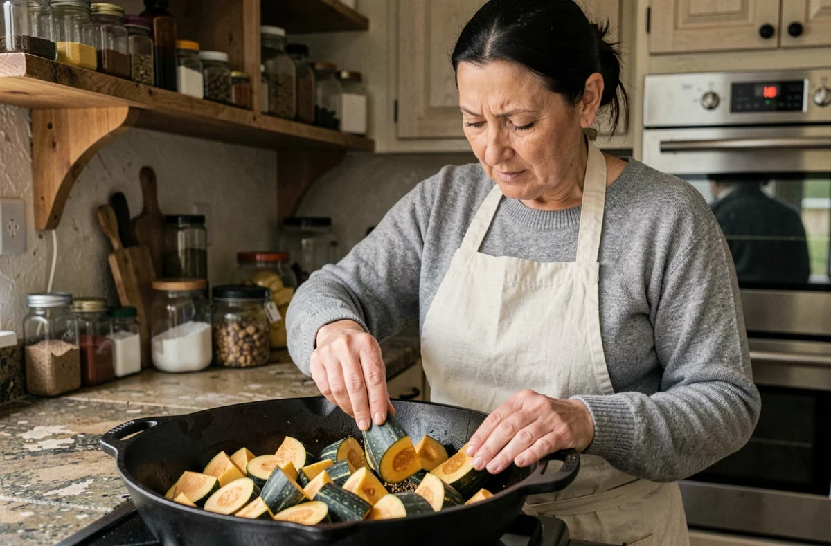 Femme cuisinant des morceaux de courge bleu de Hongrie dans une cocotte en fonte, assaisonnant soigneusement pour éviter un manque de goût