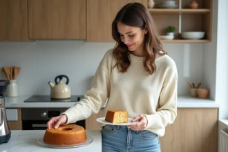 Femme retirant un gâteau marron dans une cuisine moderne