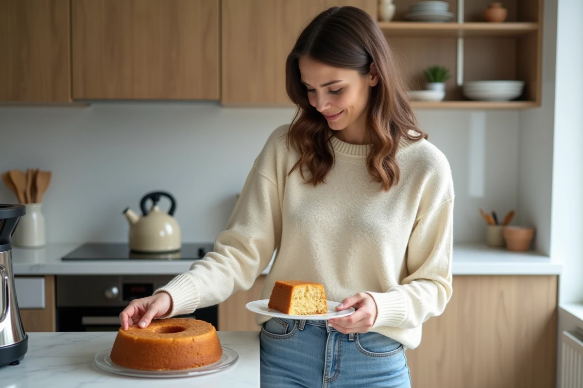 Femme retirant un gâteau marron dans une cuisine moderne