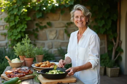 Femme souriante pr&eacute;parant des courgettes saut&eacute;es dans un jardin