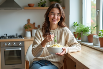 Femme dégustant un bol de riz keto au chou-fleur dans la cuisine