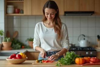 Femme en cuisine coupant des légumes frais dans une cuisine moderne