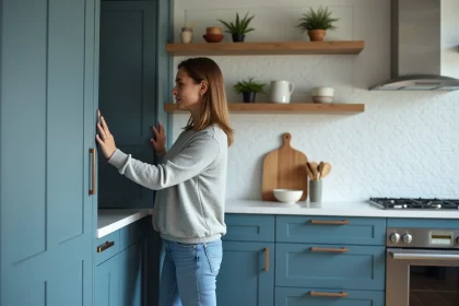Femme dans une cuisine moderne ouvrant un placard bleu mat