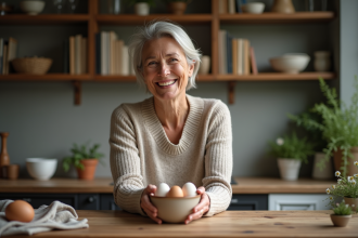 Femme souriante dans une cuisine rustique avec des œufs frais