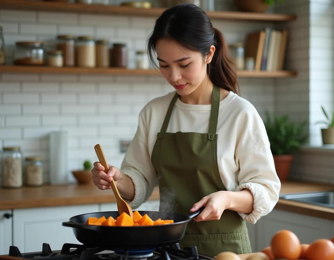 Femme cuisinant des patates douces à la poêle en fonte dans une cuisine moderne, recette simple du quotidien
