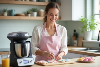 Femme souriante prépare des biscuits unicorn colorés dans la cuisine