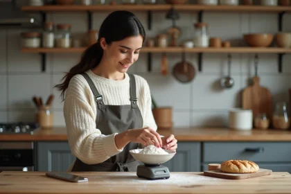 Femme en cuisine peseant de la farine avec une balance