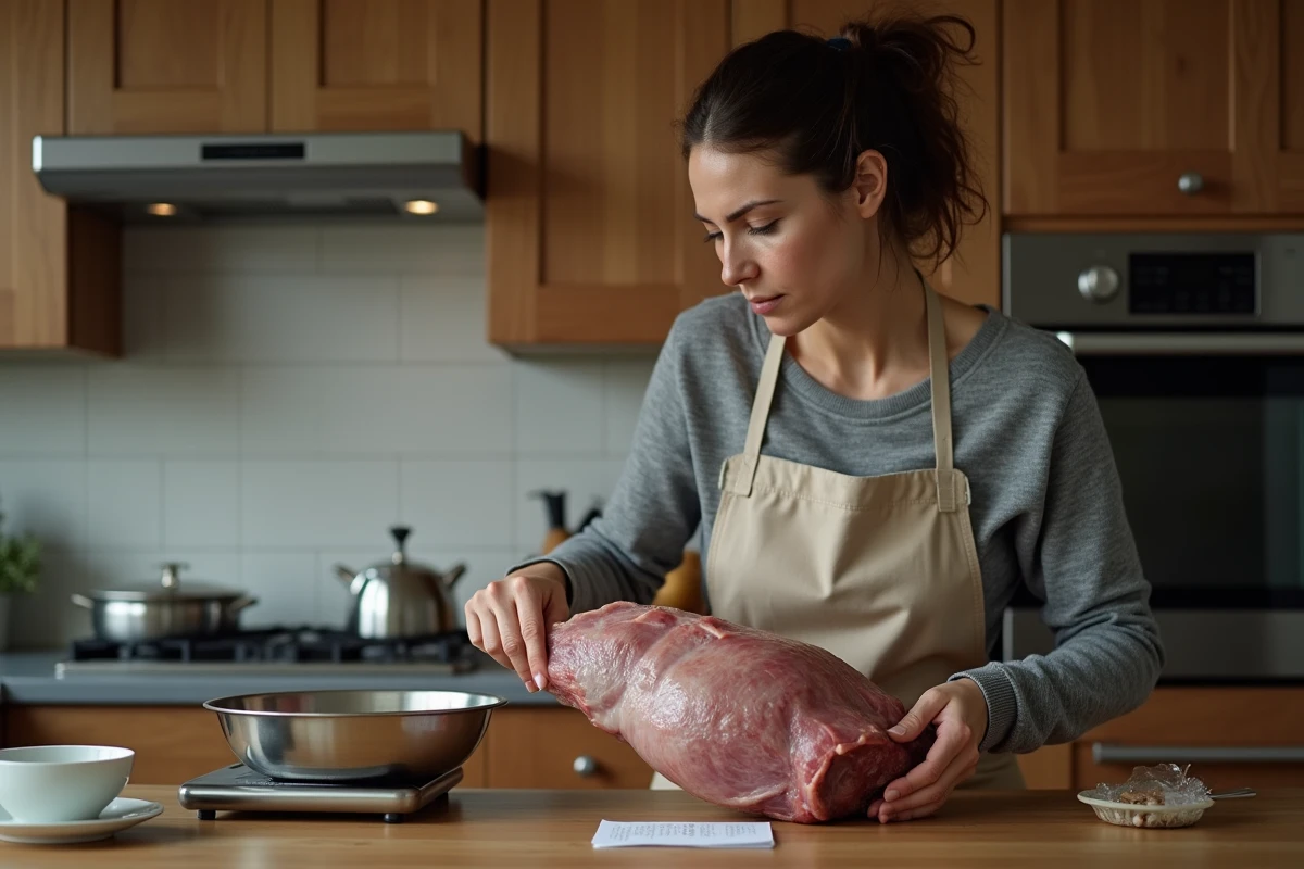 Femme en tablier pesant une palette de porc avant de la mettre au four dans une cuisine domestique
