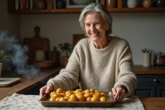 Femme en pull cosy disposant des pommes de terre dorées sur le comptoir