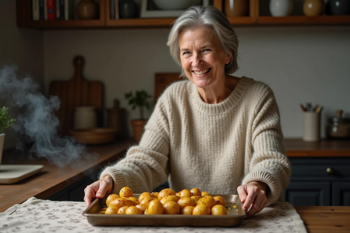 Femme en pull cosy disposant des pommes de terre dorées sur le comptoir