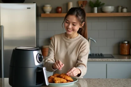 Femme souriante pla&ccedil;ant des morceaux de poulet croustillant dans un air fryer