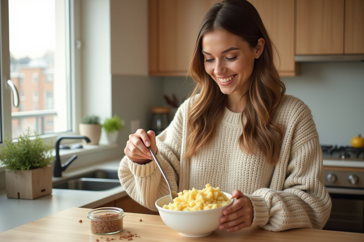 Femme souriante remuant une purée de pommes de terre dans la cuisine