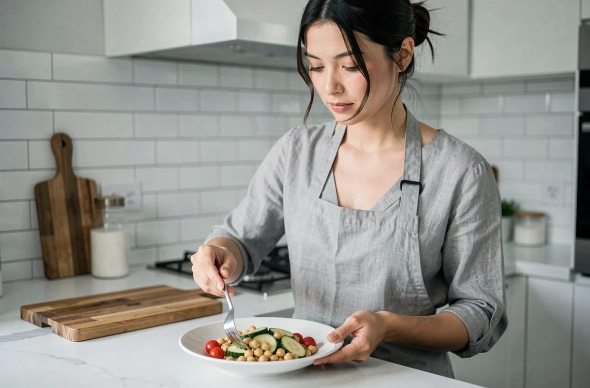 Femme préparant un dîner végétarien léger dans une cuisine moderne, posant des légumes sautés et pois chiches dans une assiette