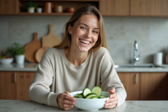 Jeune femme souriante dans la cuisine avec snack aux concombres