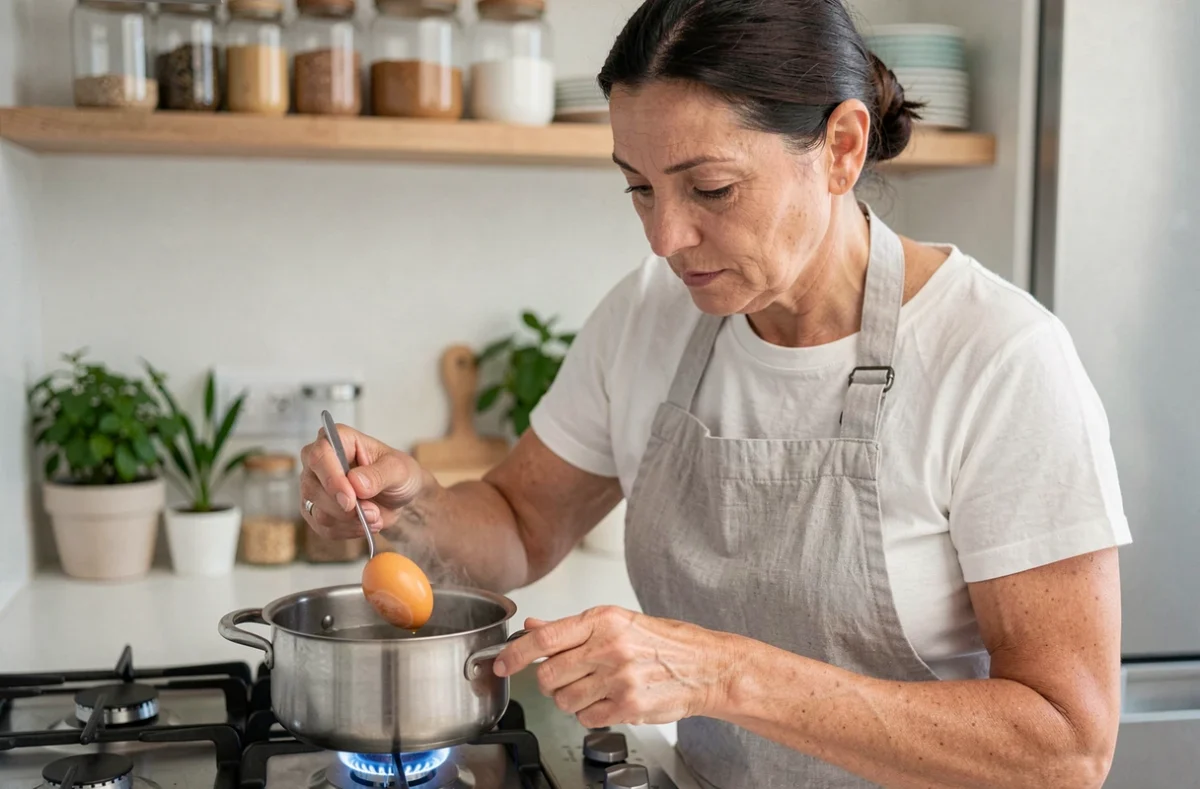 Femme en tablier de lin plongeant délicatement un œuf cru dans une casserole d'eau chaude sur une cuisinière à gaz pour réaliser des œufs durs