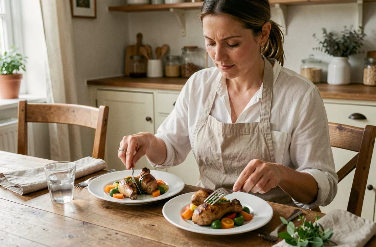 Femme en tablier dressant des assiettes de cuisse de poulet Cookeo et légumes de saison sur une table familiale