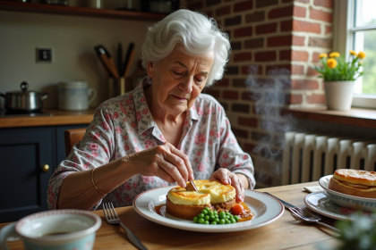 Femme âgée britannique servant un shepherd’s pie dans une cuisine rustique