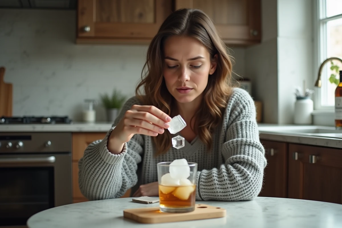 Femme en cuisine ajoutant des gla&ccedil;ons dans un whisky