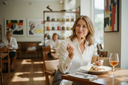 Femme élégante dégustant un plat gourmet dans un restaurant
