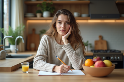 Femme en sweater neutre journalisant dans la cuisine
