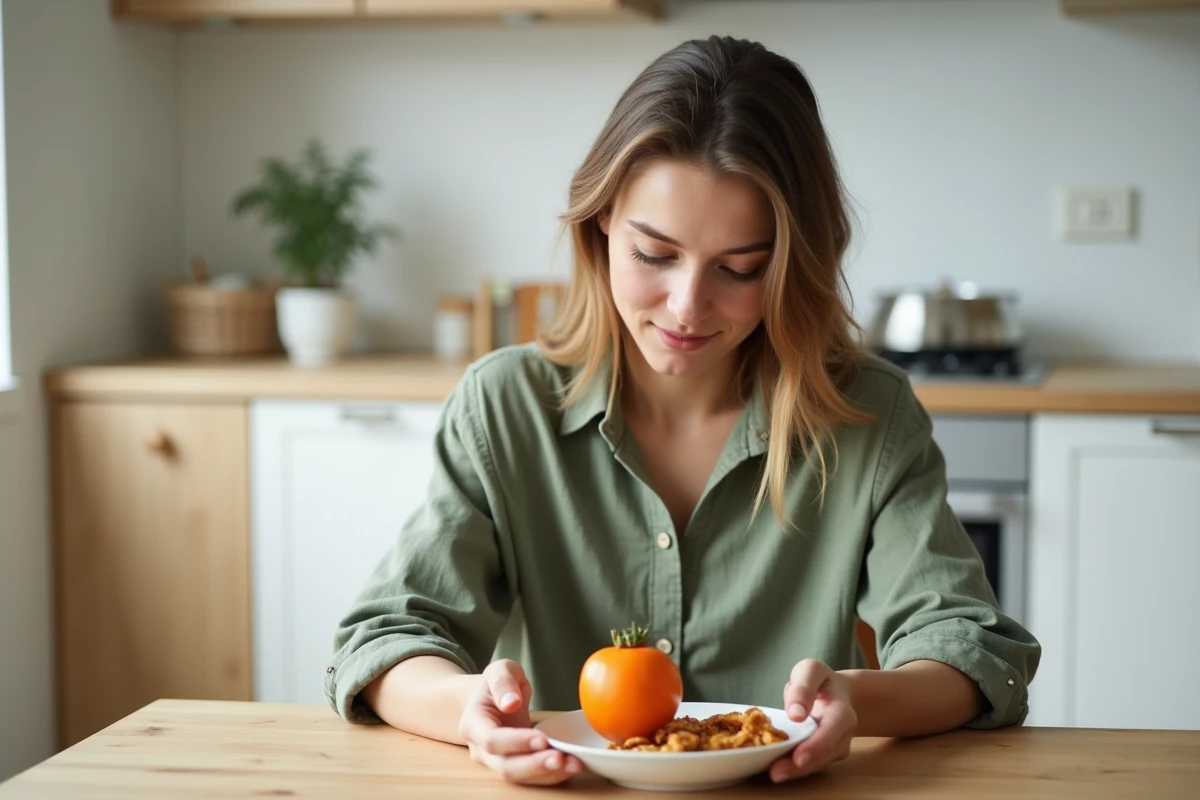 Femme tenant un kaki frais et des tranches de kaki séché dans une cuisine moderne, alimentation santé