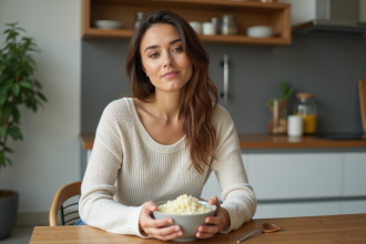 Femme assise à la cuisine avec bol de riz keto au chou-fleur