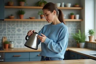 Femme examinant une bouilloire électrique dans la cuisine