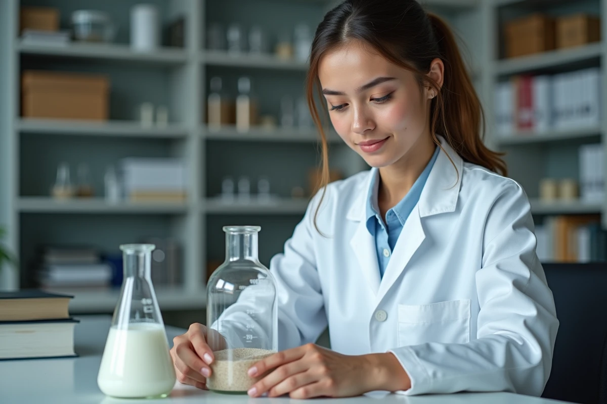 Jeune femme en blouse blanche examinant des bechers en laboratoire