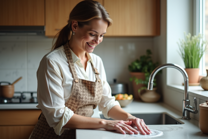 Femme lavant son tablier en coton dans une cuisine moderne