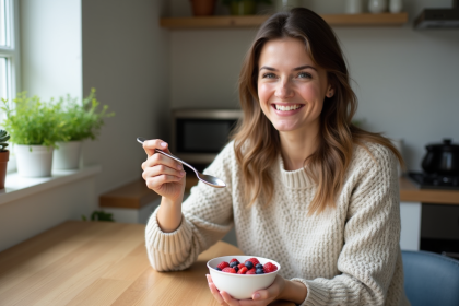 Femme souriante avec bol de fruits et yaourt