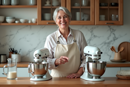 Femme souriante montrant trois types de mixers en cuisine