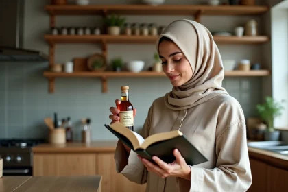 Jeune femme musulmane lisant une bouteille de vinaigre halal