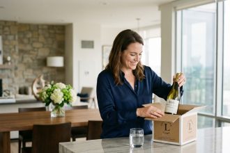 Femme souriante en blouse de soie navy ouvre une bouteille de vin blanc