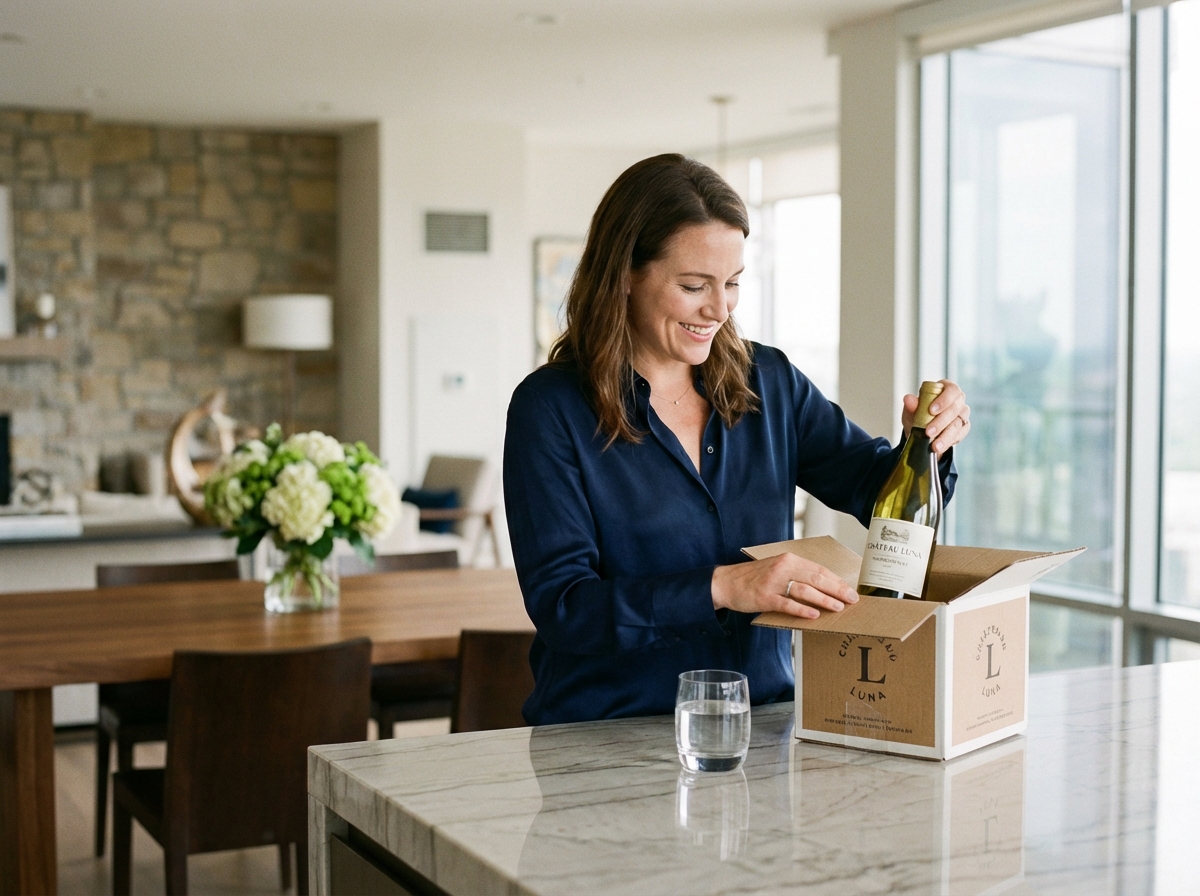 Femme souriante en blouse de soie navy ouvre une bouteille de vin blanc