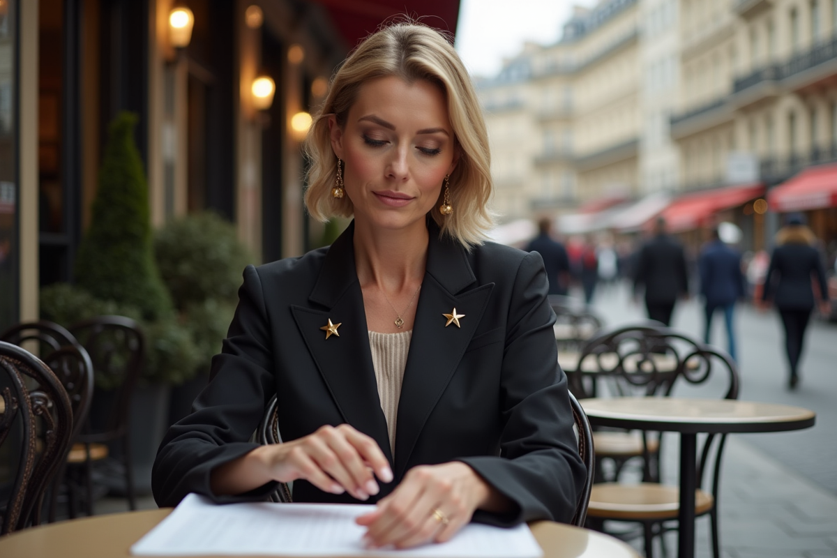 Femme élégante assise dans un café parisien en extérieur