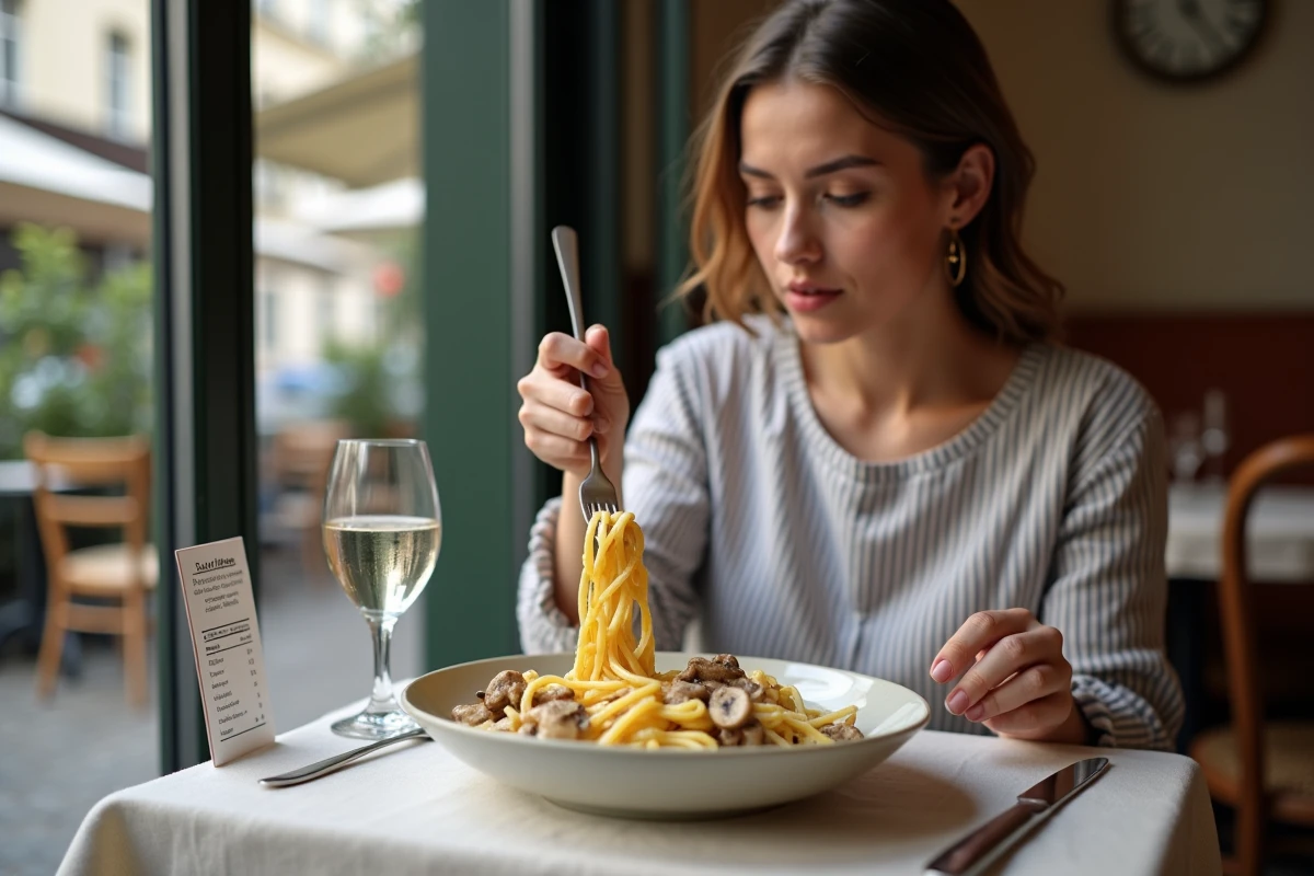 Jeune femme découvrant les calories d'une assiette de tagliatelles à la crème dans un bistrot parisien