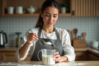 Femme en cuisine verser farine dans un verre mesureur