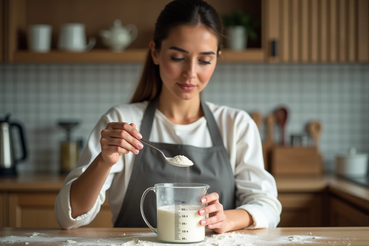 Femme en cuisine verser farine dans un verre mesureur