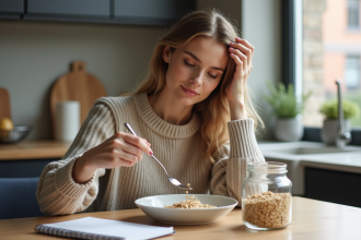 Femme dégustant des flocons d'avoine dans une cuisine moderne