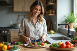Femme souriante préparant un repas sain dans une cuisine lumineuse