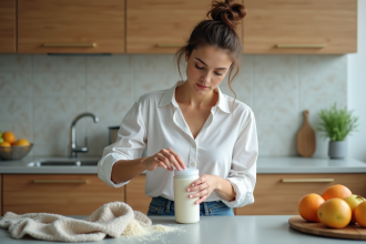 Jeune femme préparant un shake santé dans la cuisine