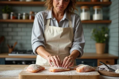 Femme préparant une panure maison sur des blancs de poulet avec des ingrédients du placard comme la farine et la chapelure
