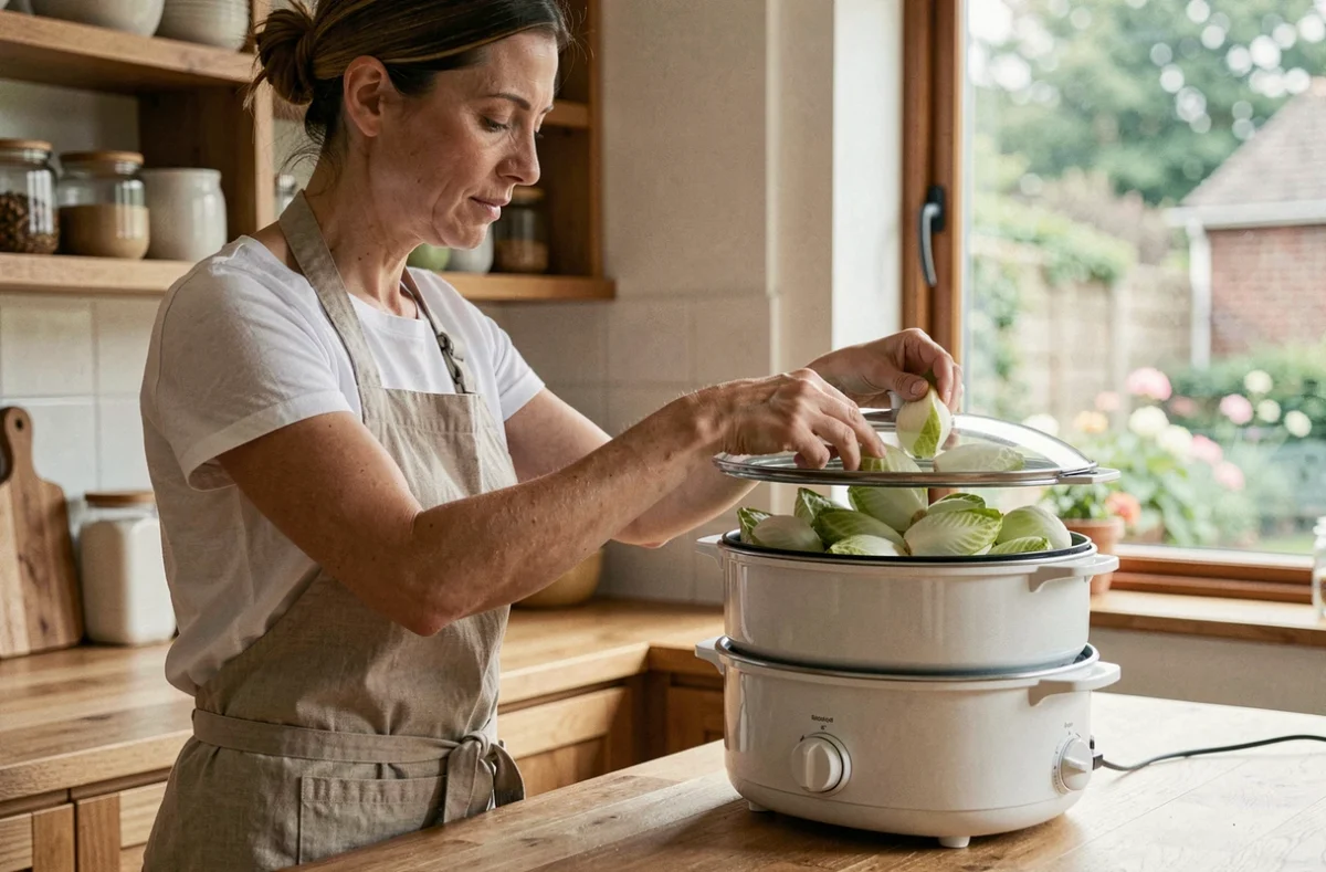 Femme plaçant des endives coupées en deux dans un cuiseur vapeur électrique à étages dans une cuisine en bois chaleureux