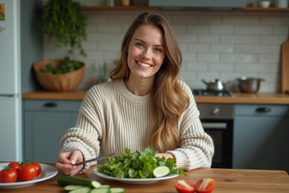 Femme souriante préparant une salade dans la cuisine moderne