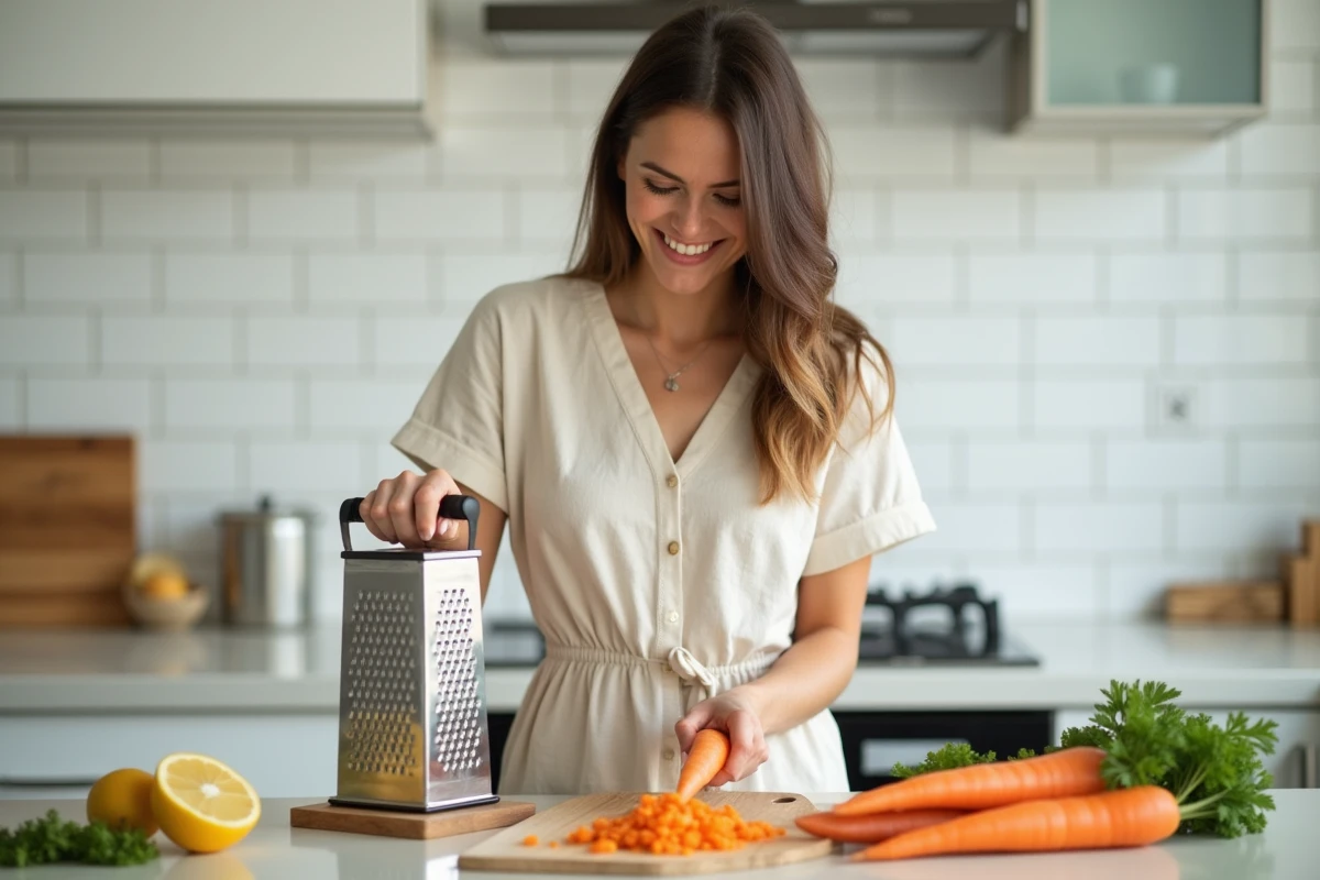 Jeune femme râpant des carottes fraîches dans une cuisine lumineuse en été, avec des citrons et des herbes sur le plan de travail