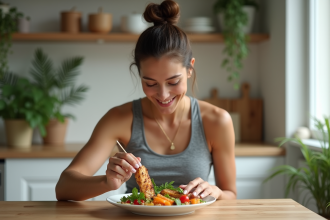 Femme en cuisine préparant un repas équilibré