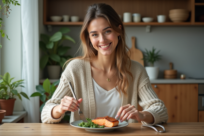 Femme souriante dans une salle à manger rustique avec repas sain