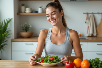 Femme souriante préparant une salade colorée dans la cuisine