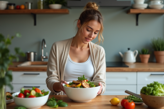 Femme préparant une salade colorée dans la cuisine